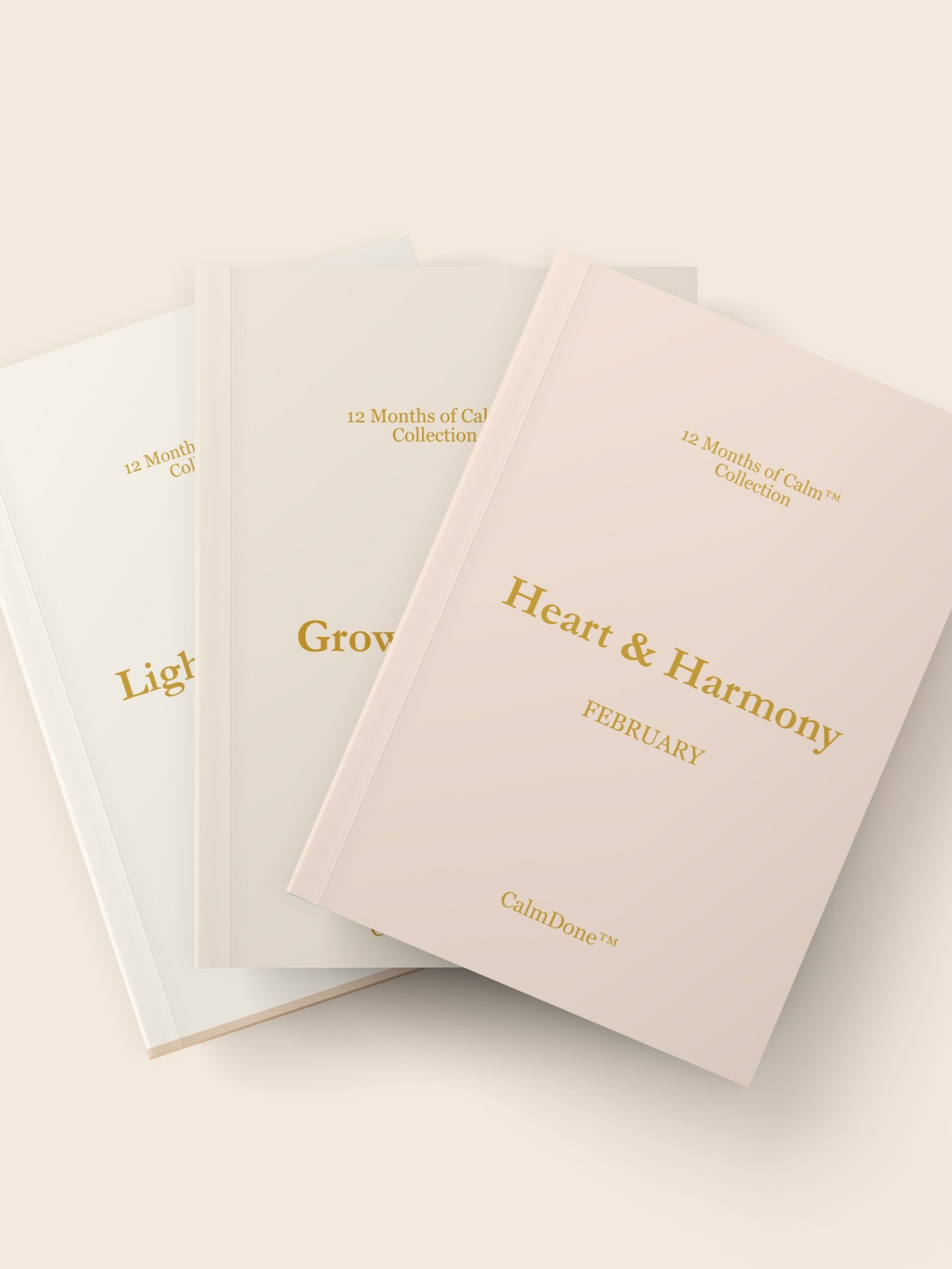 Minimalist planner mockups from the 12 Months of Calm™ Collection by CalmDone™ – soft neutral covers with gold text on a clean background.