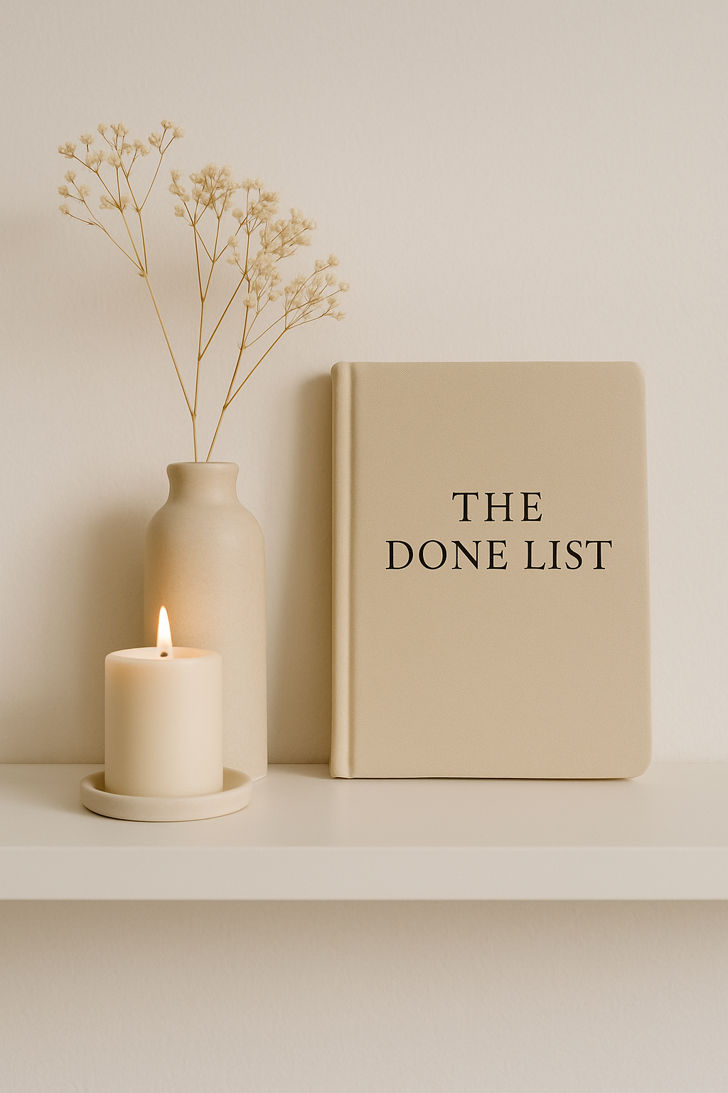 CalmDone The Done List™ planner with candle and ceramic vase on minimalist white shelf – calm neutral aesthetic