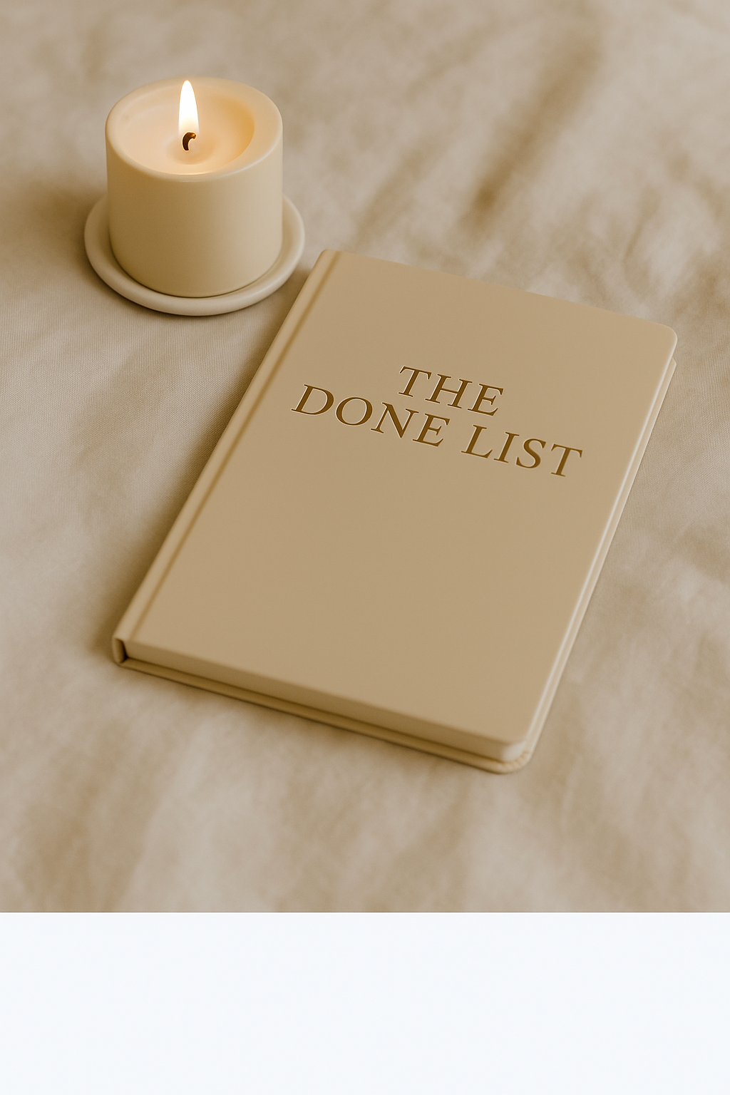 Minimalist beige flatlay with The Done List planner, gold pen and pampas grass representing calm and mindful living — CalmDone brand hero image.