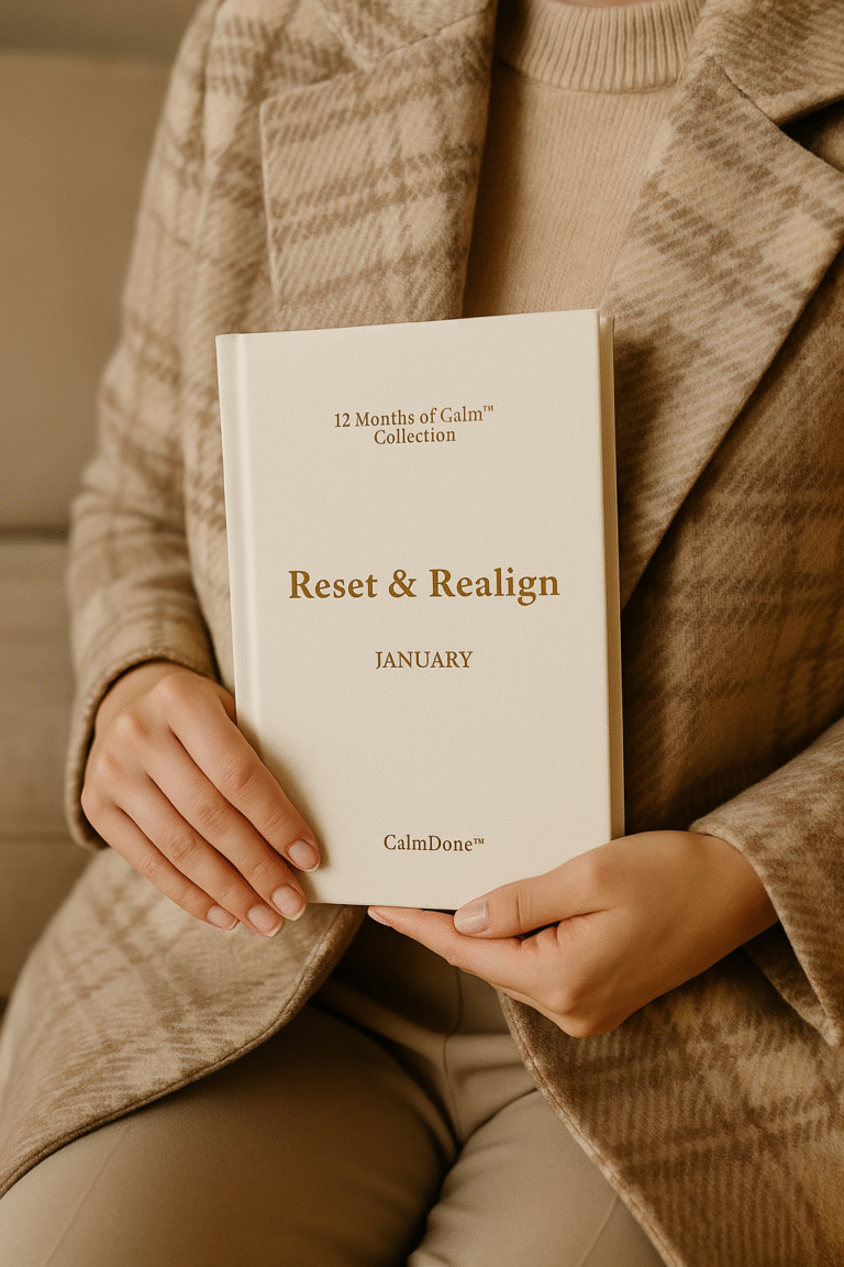 “Elegant woman wearing a light beige checkered coat holding the CalmDone™ January Edition planner from the 12 Months of Calm Collection — the best daily planner 2026 choice for Black Friday 2025, minimalist beige design in soft daylight.