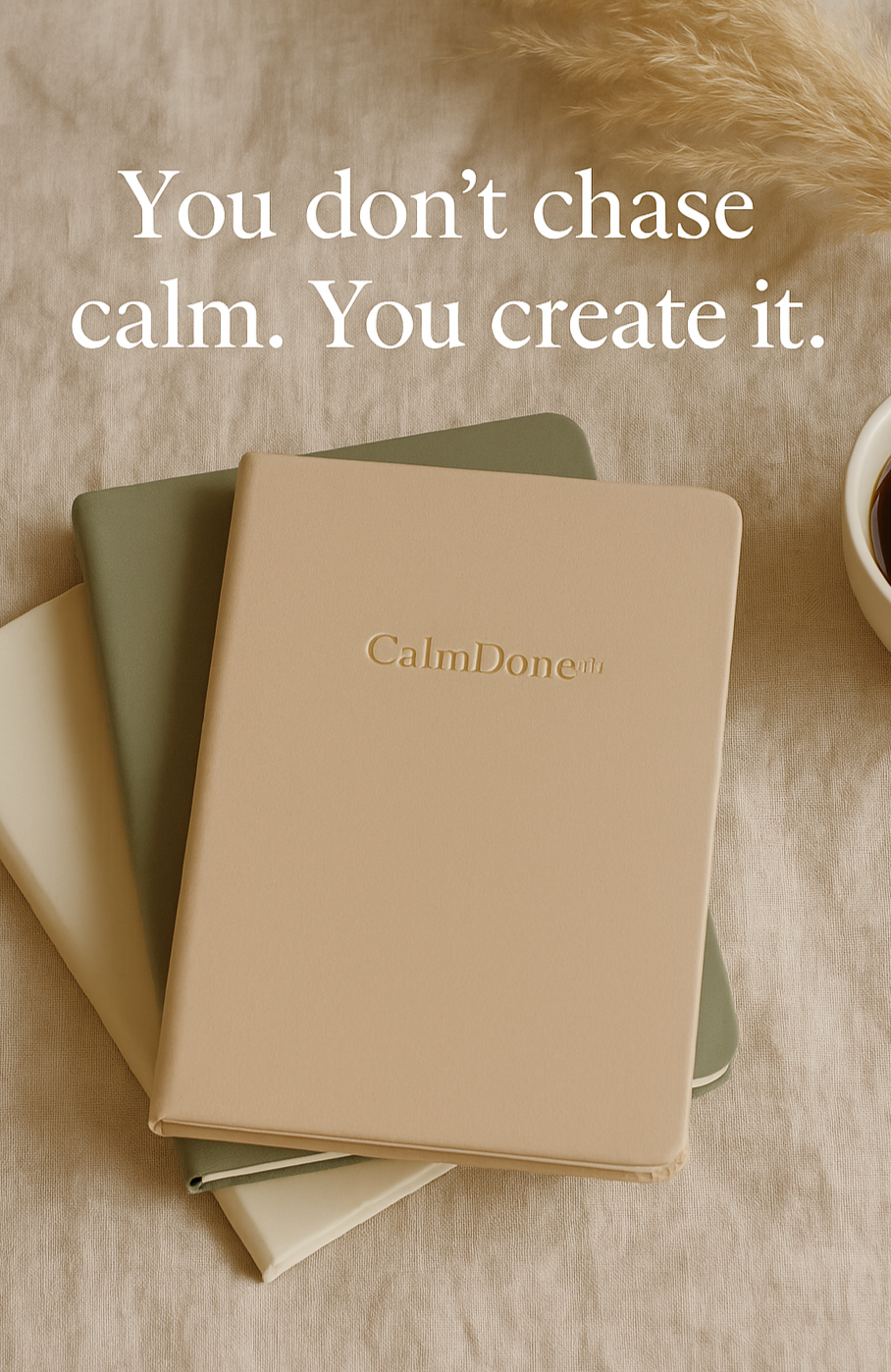 Minimalist CalmDone™ planner in beige, styled for Christmas gift ideas, New Year beginnings, planner 2026 routines, and calm daily rituals inspired by the Done List™ method.