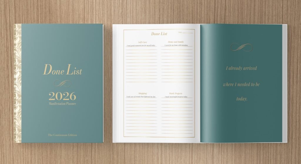 Done List planner 2026 open spread showing writing tasks in the past tense, calm manifestation planner notebook with daily motivational quotes.