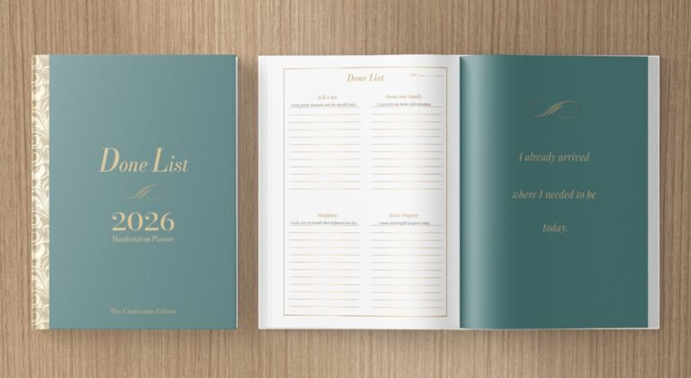Done List planner 2026 open spread showing writing tasks in the past tense, calm manifestation planner notebook with daily motivational quotes.