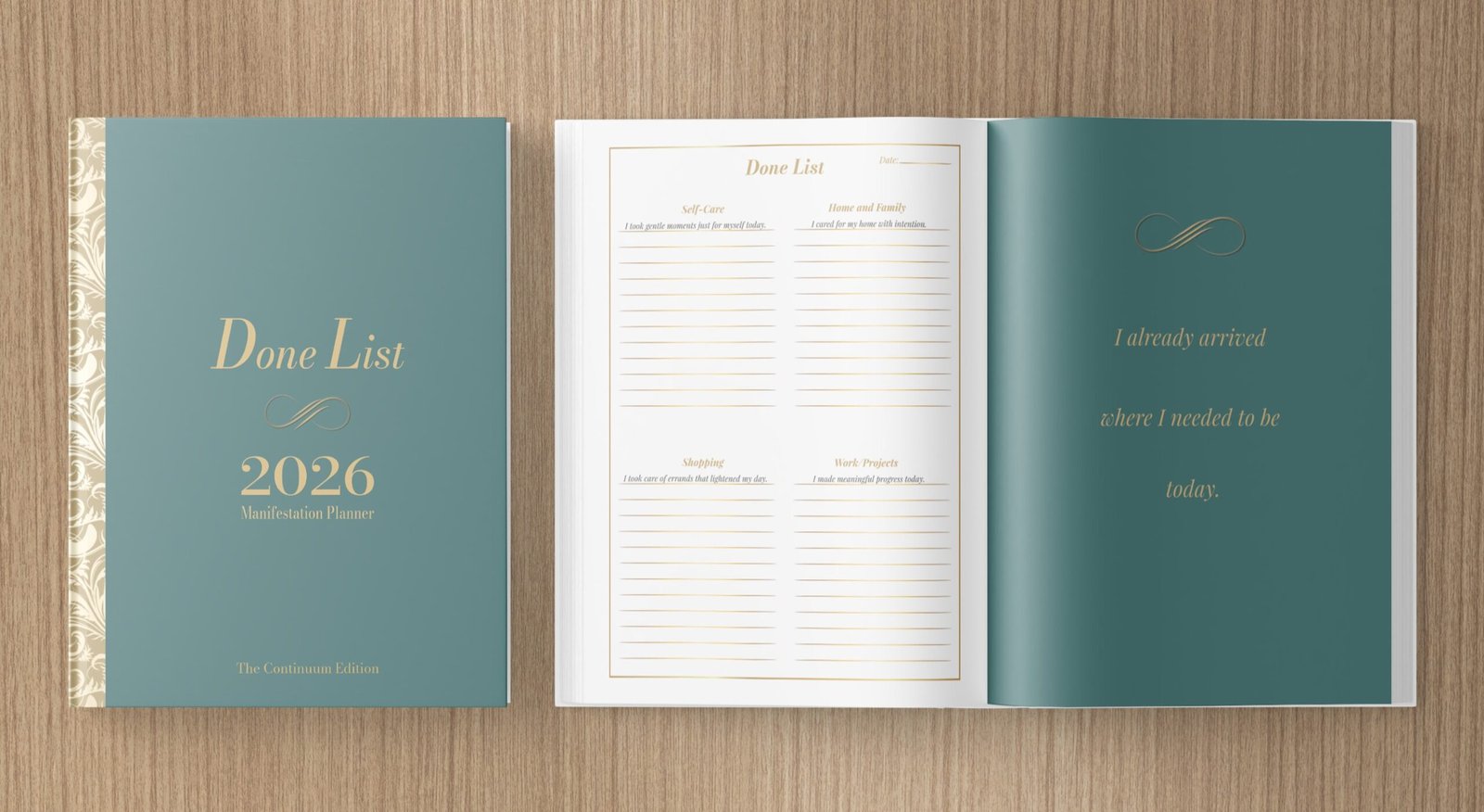 Done List planner 2026 open spread showing writing tasks in the past tense, calm manifestation planner notebook with daily motivational quotes.