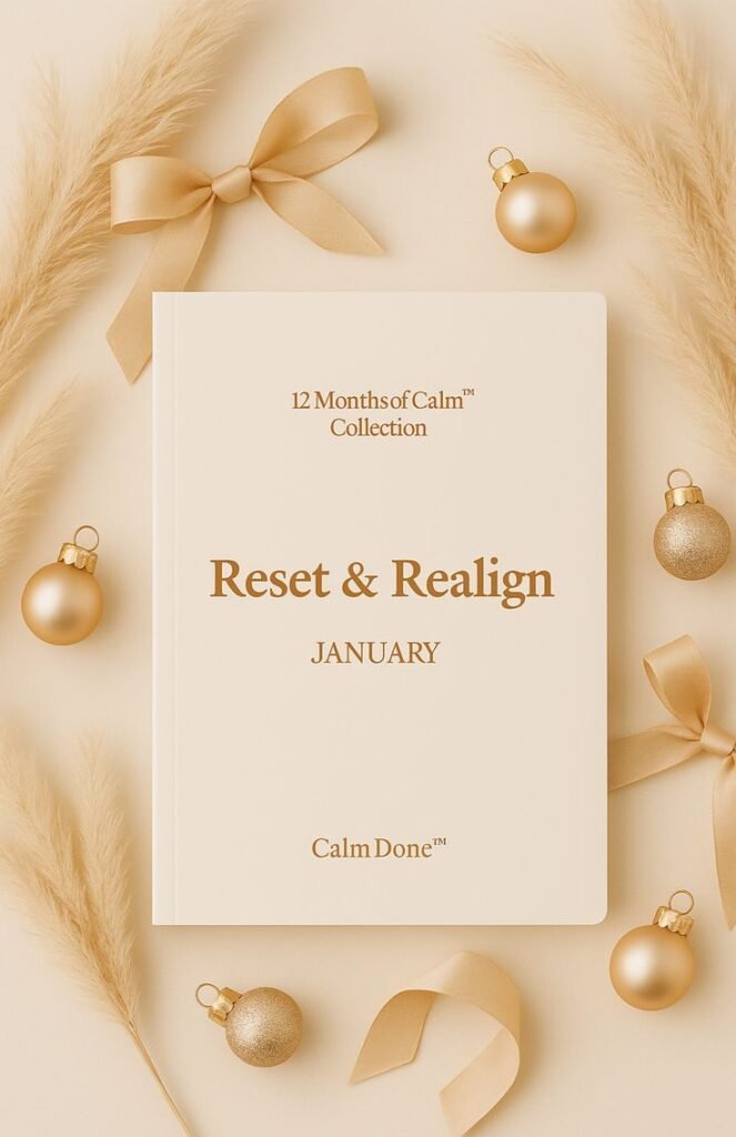January Reset & Realign planner from the 12 Months of Calm™ Collection, styled with gold ornaments for Christmas gifts, new year beginnings, intentional routines, and calm manifest practices inspired by the Done List™ method.