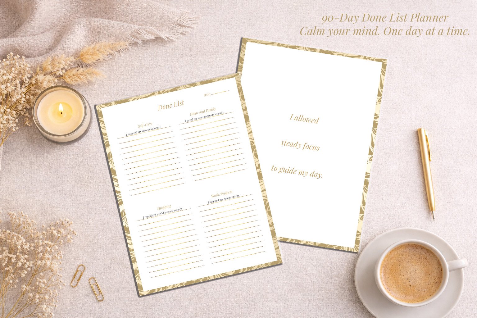 Digital manifestation planner using the done list method, minimalist printable design for calm productivity and intentional living