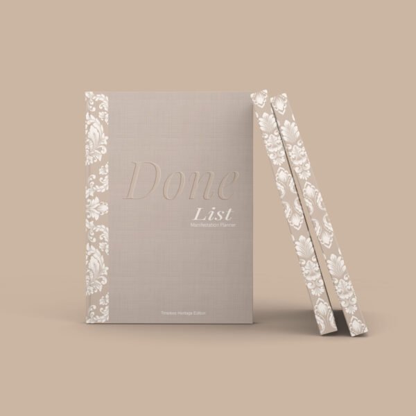 Timeless Heritage Edition physical manifestation planner with linen-style cover and Done List method