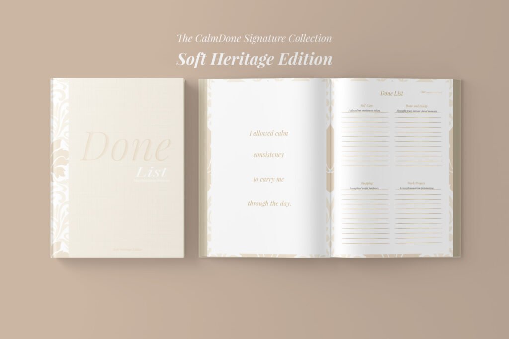 Soft Heritage Edition physical manifestation planner showing cover and Done List interior layout