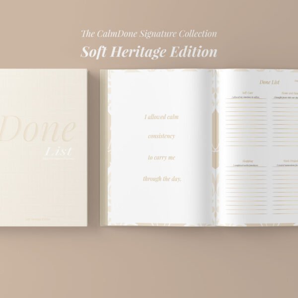Soft Heritage Edition physical manifestation planner showing cover and Done List interior layout