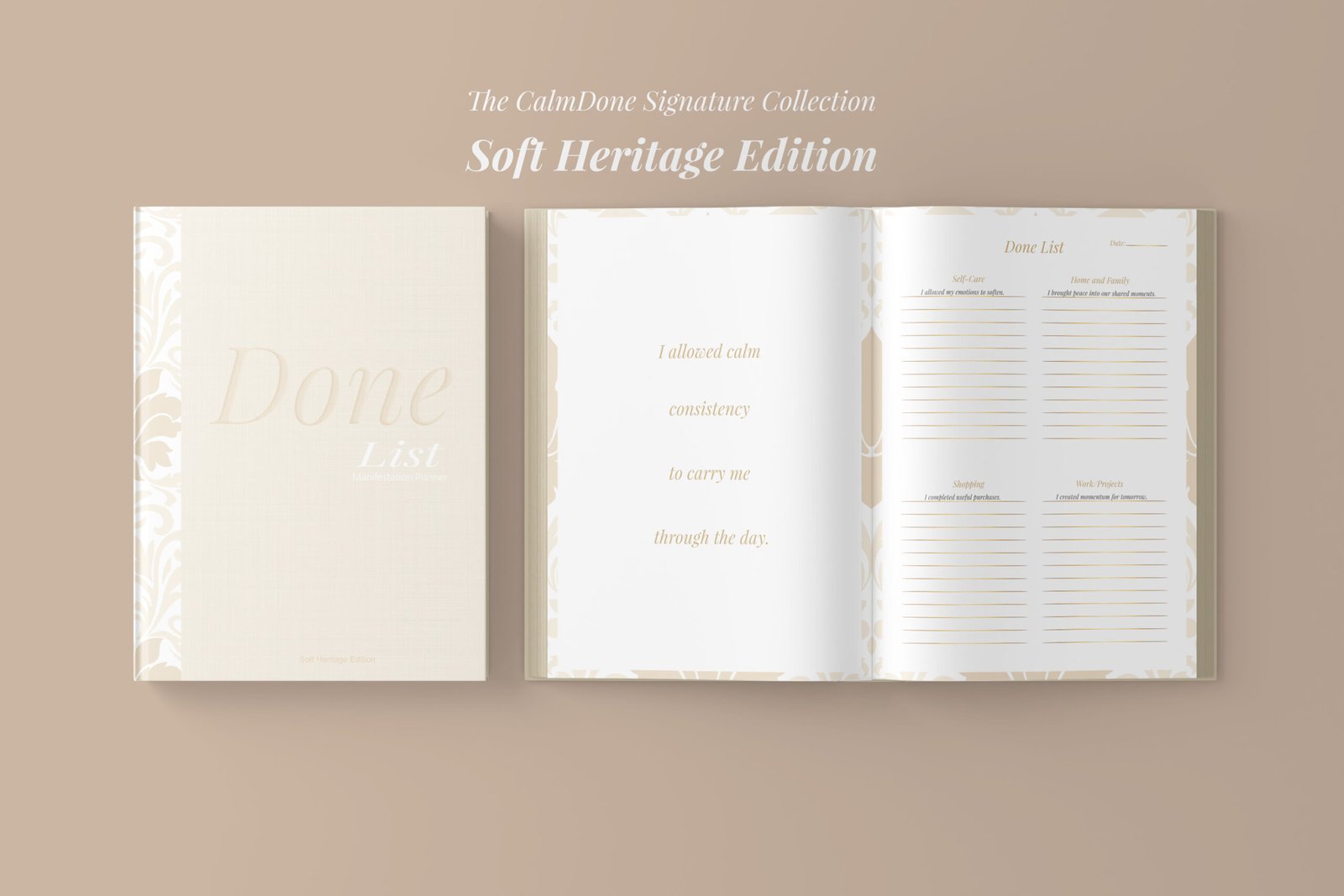 Soft Heritage Edition physical manifestation planner showing cover and Done List interior layout