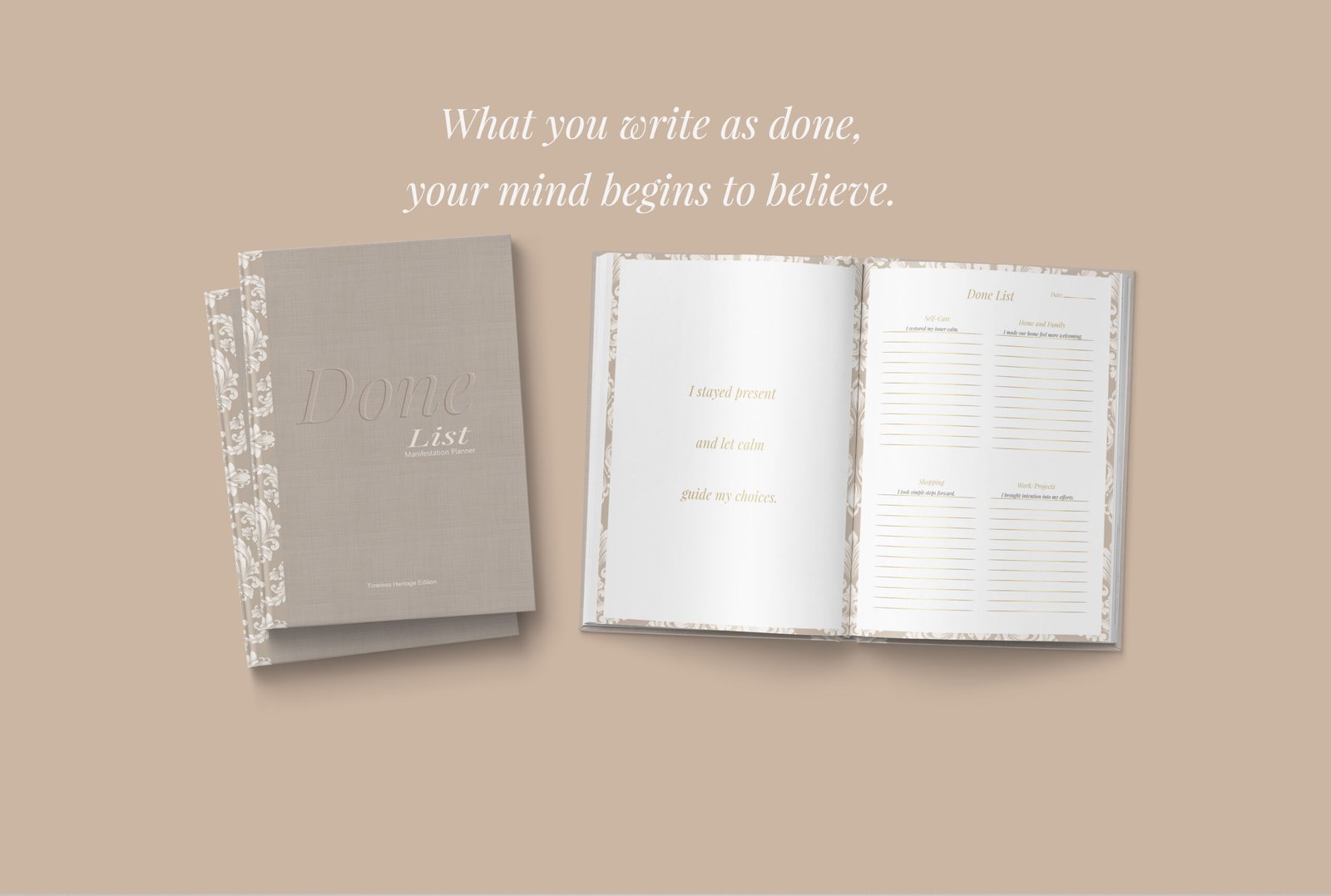 Done List manifestation planner interior pages showing calm affirmation and guided daily layout