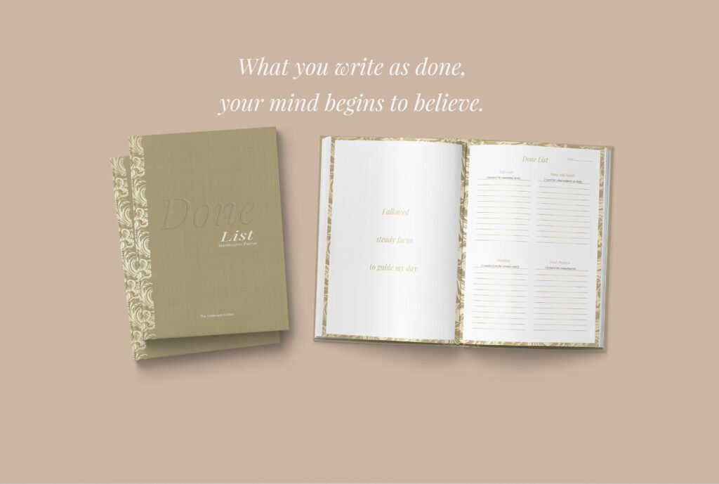 Done List manifestation planner interior with affirmation page and guided daily layout