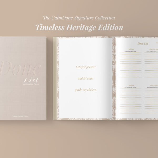 Timeless Heritage Edition physical planner open showing Done List daily sections and affirmation page