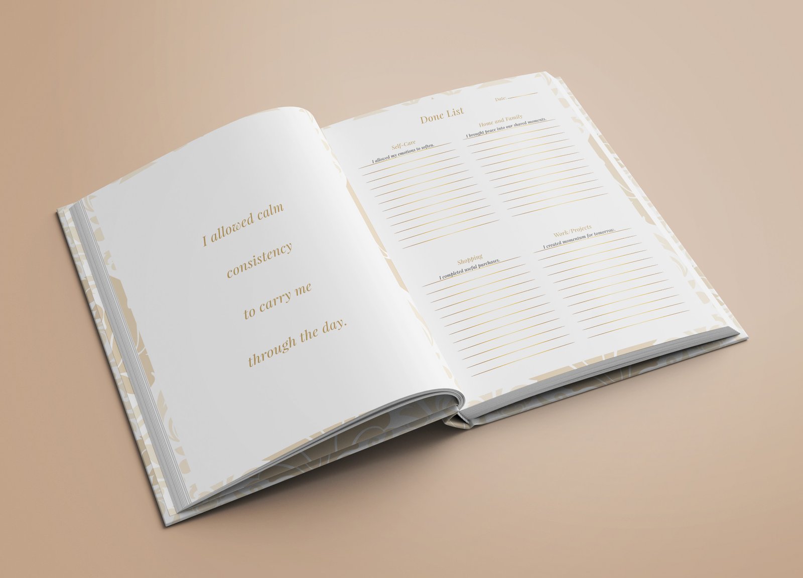 Soft Heritage Edition physical planner open showing affirmation page and Done List daily sections