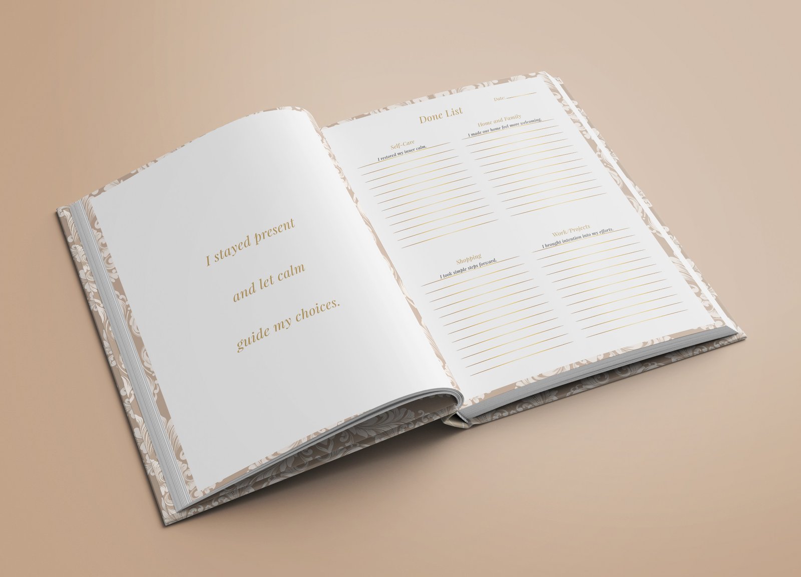 Hardcover physical planner open at Done List daily page with premium paper and calm design