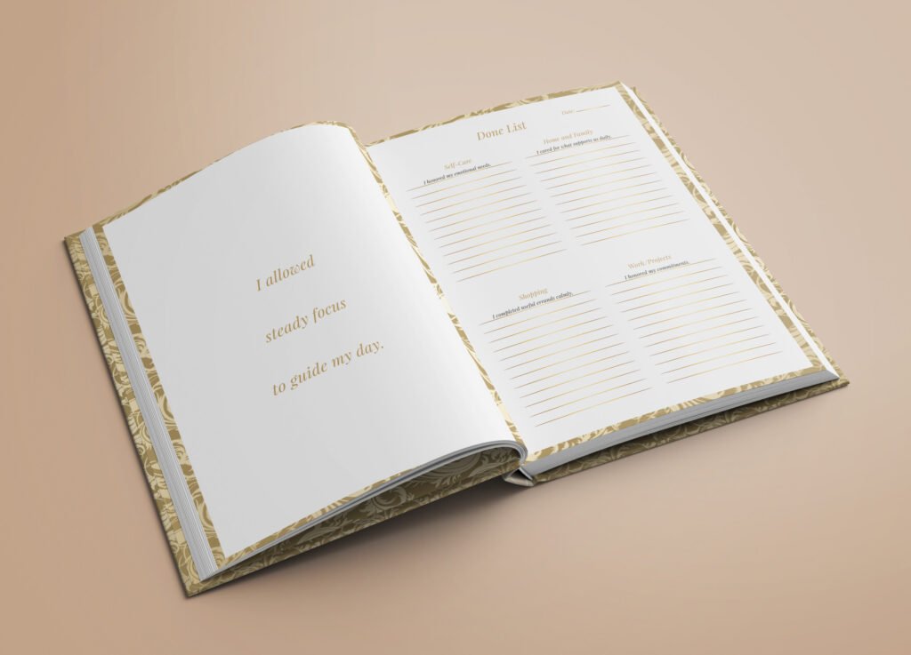 Hardcover physical planner open at Done List page showing premium paper and binding