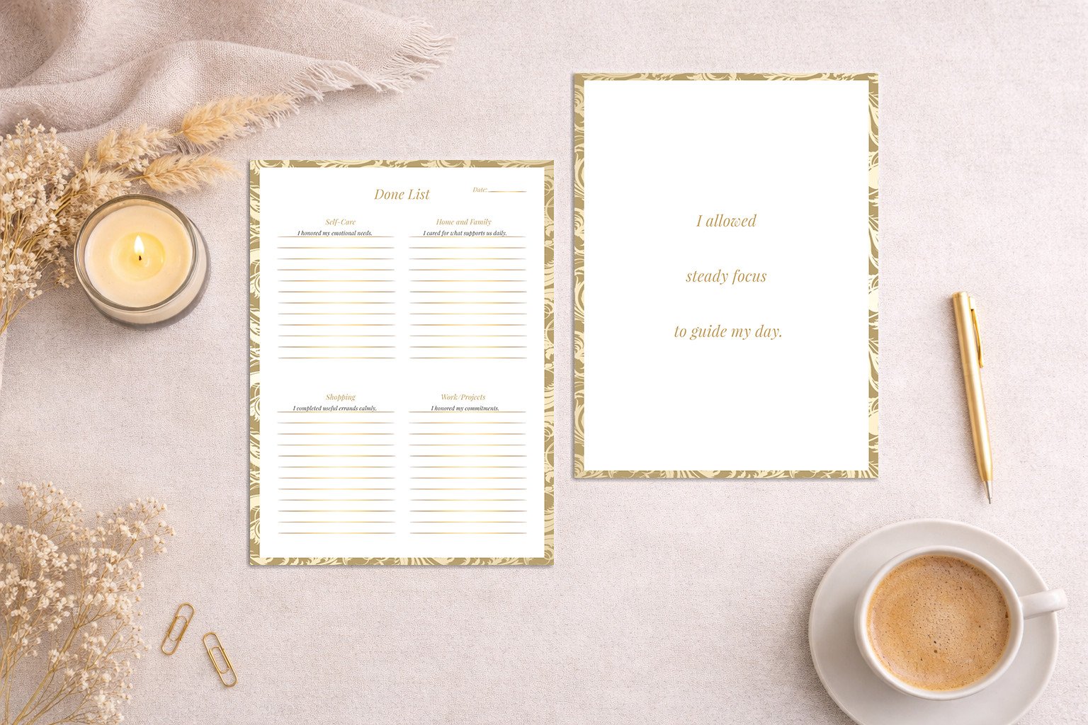 Digital manifestation planner using the done list method, minimalist printable design for calm productivity and intentional living