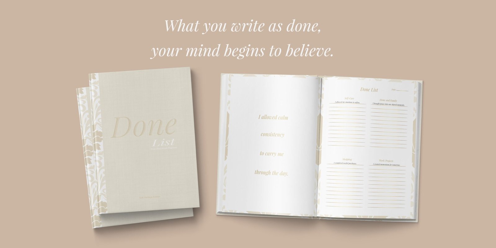 Soft Heritage Edition manifestation planner with affirmation quote and guided Done List layout