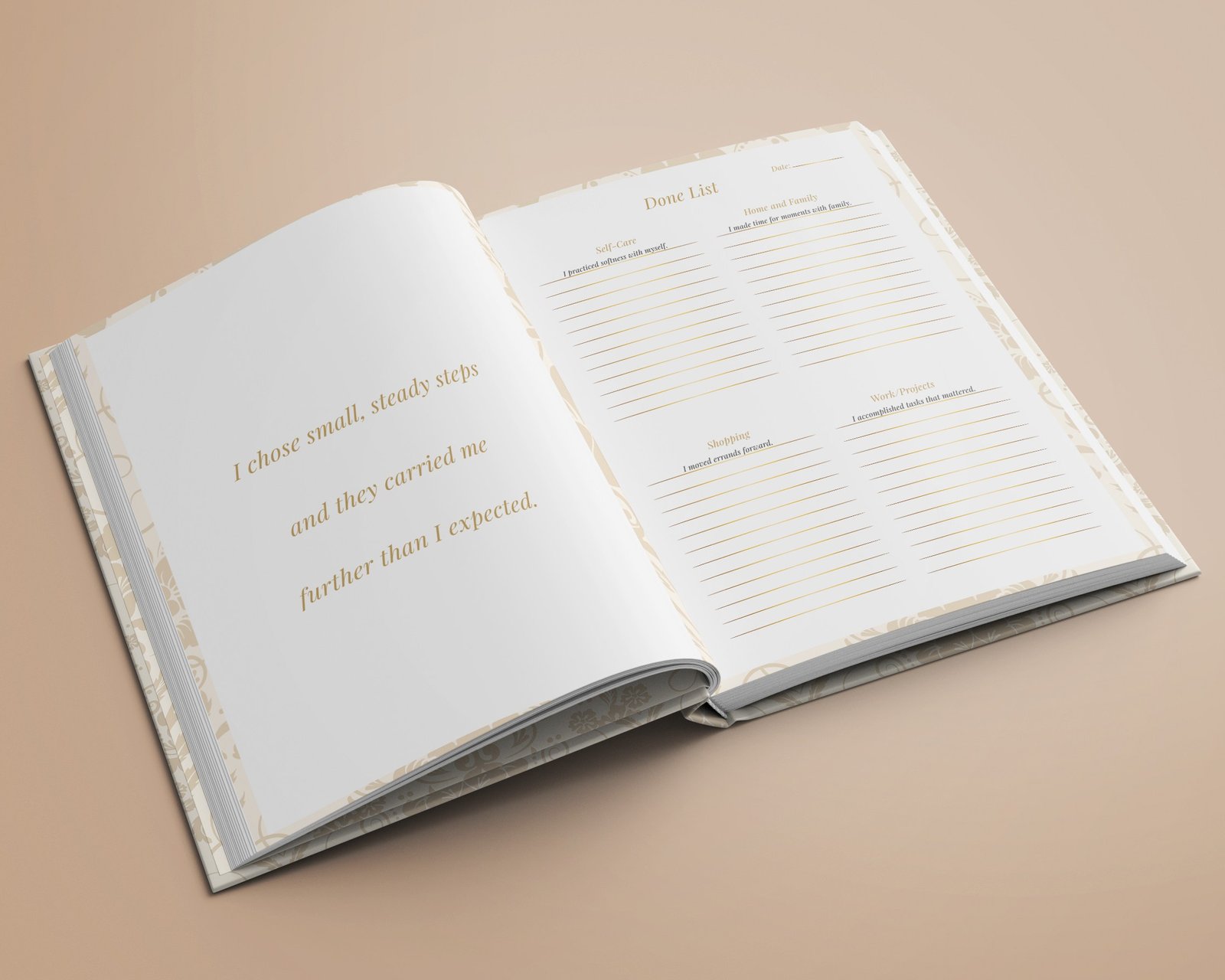 Pure Intentions Edition physical planner open showing affirmation page and Done List daily layout