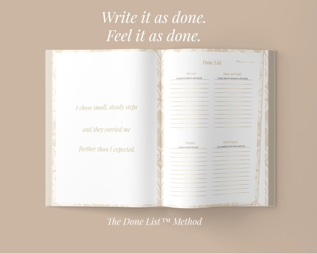 Done List method shown in a physical manifestation planner with affirmation and daily sections