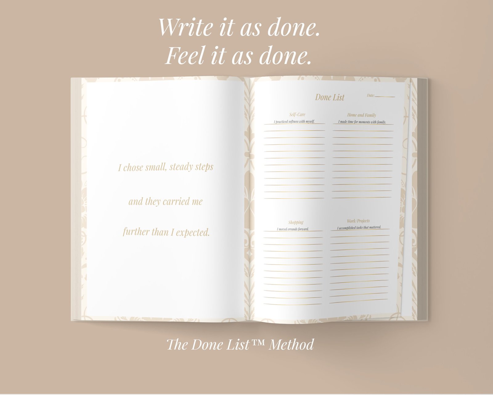 Done List method shown in a physical manifestation planner with affirmation and daily sections