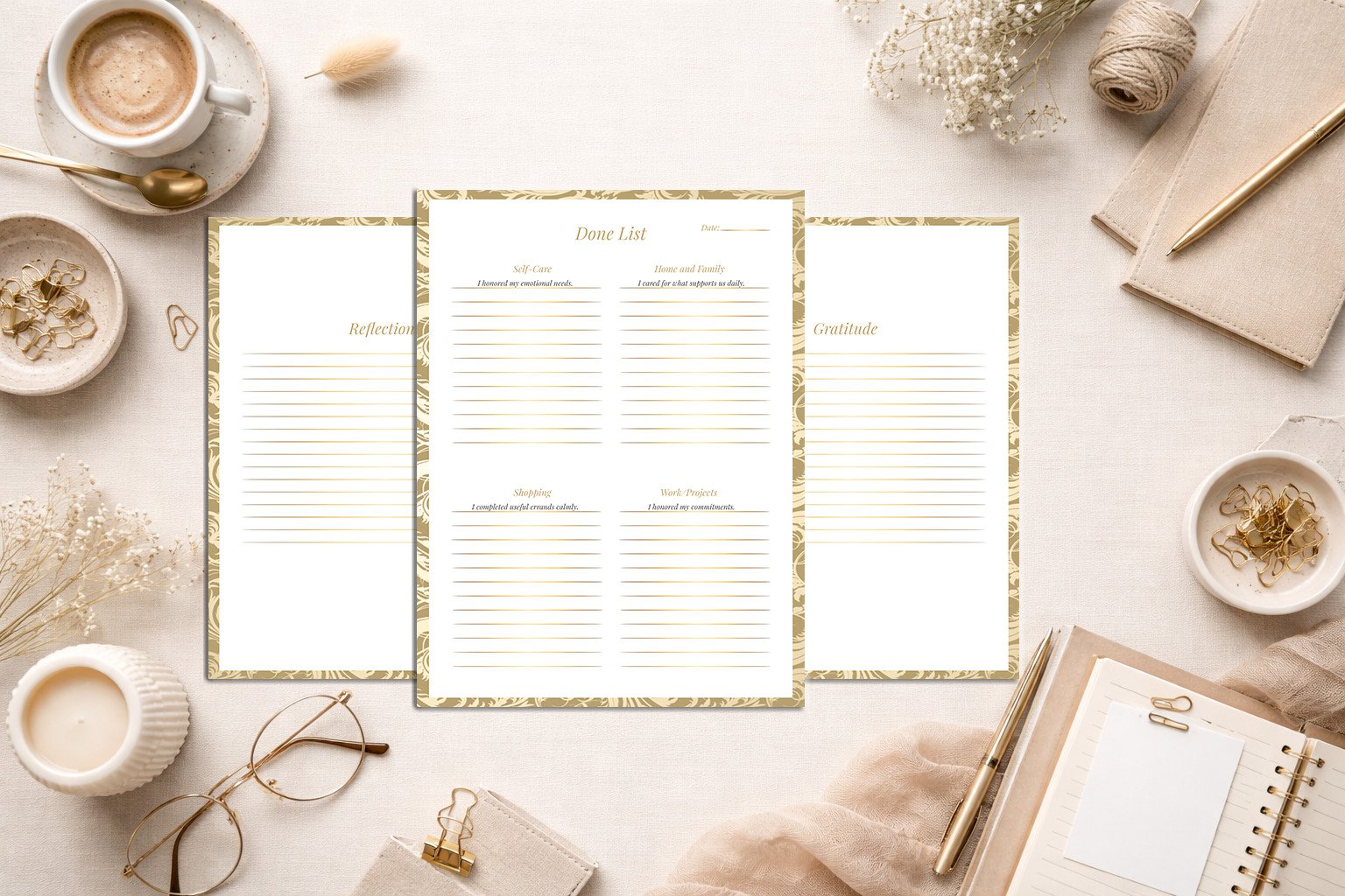 Digital manifestation planner using the done list method, minimalist printable design for calm productivity and intentional living