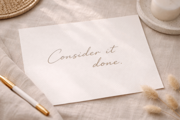 Consider it done text written on minimalist beige paper with soft natural light, representing calm productivity and confident decision-making