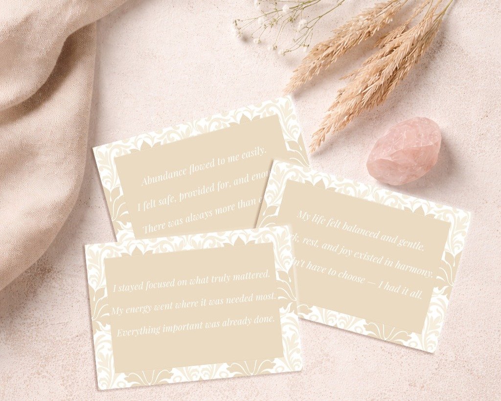 Set of 7 digital manifestation cards using the done list method, minimalist printable design for calm productivity and intentional living