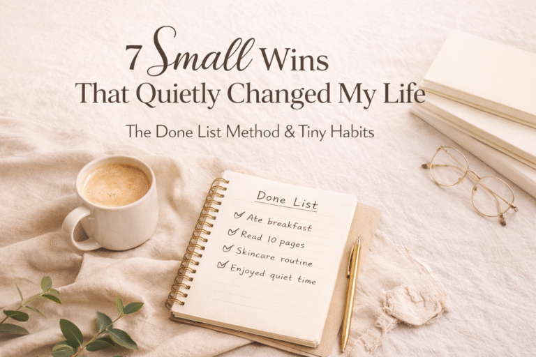 CalmDone beige aesthetic blog cover with a Done List notebook, morning coffee, books and soft neutral tones representing small habits and calm productivity