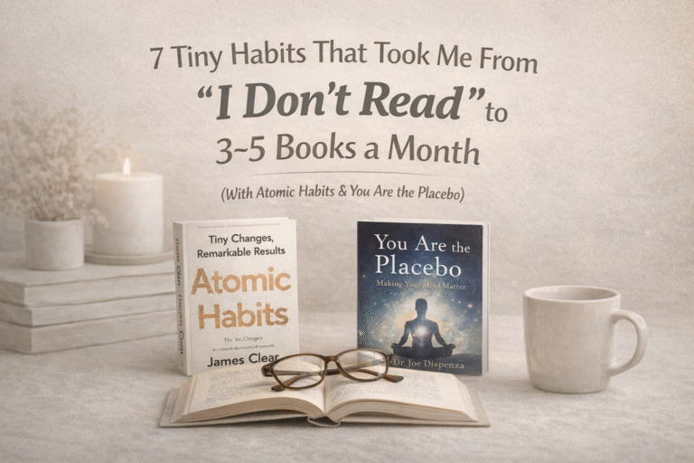 Minimalist beige CalmDone-style blog cover featuring Atomic Habits by James Clear and You Are the Placebo by Dr. Joe Dispenza with the title about reading 3–5 books a month