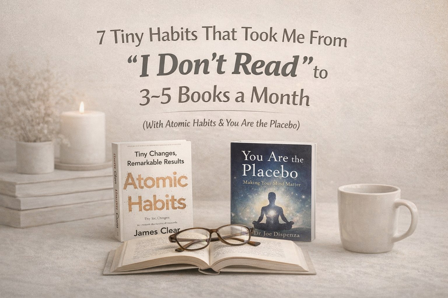 Minimalist beige CalmDone-style blog cover featuring Atomic Habits by James Clear and You Are the Placebo by Dr. Joe Dispenza with the title about reading 3–5 books a month