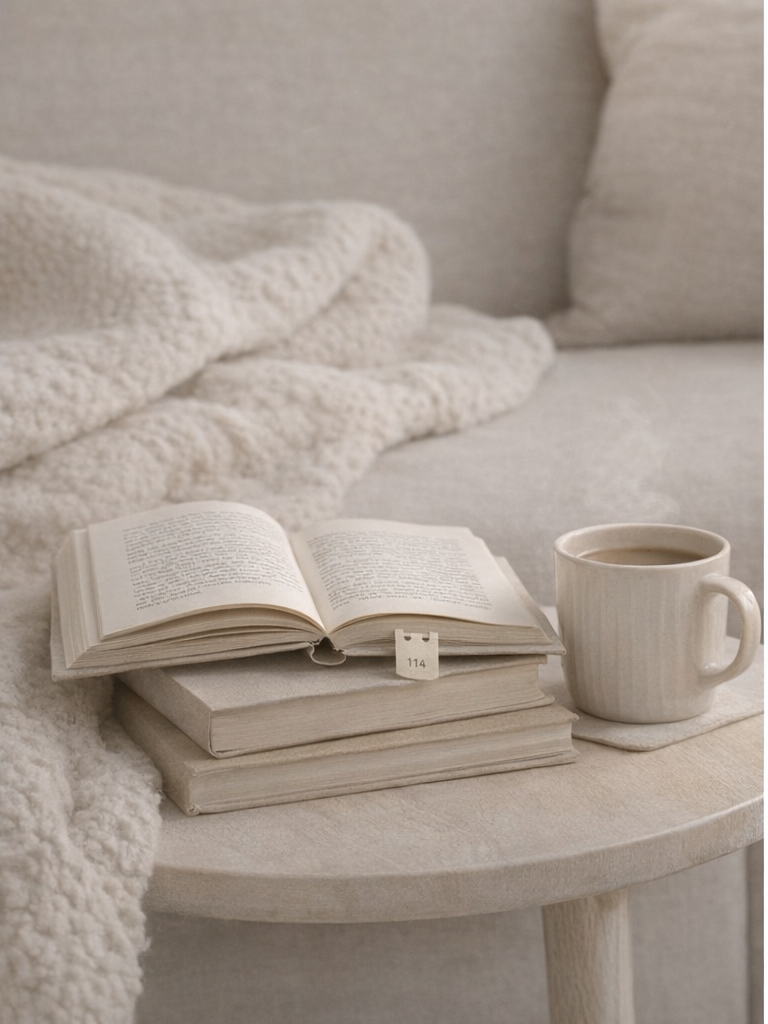 Cozy neutral reading corner with an open book, stacked books, and a beige coffee mug in a calm minimalist setting