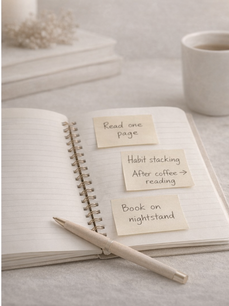 Minimalist notebook with sticky notes reading one page, habit stacking after coffee, and book on nightstand in neutral beige tones