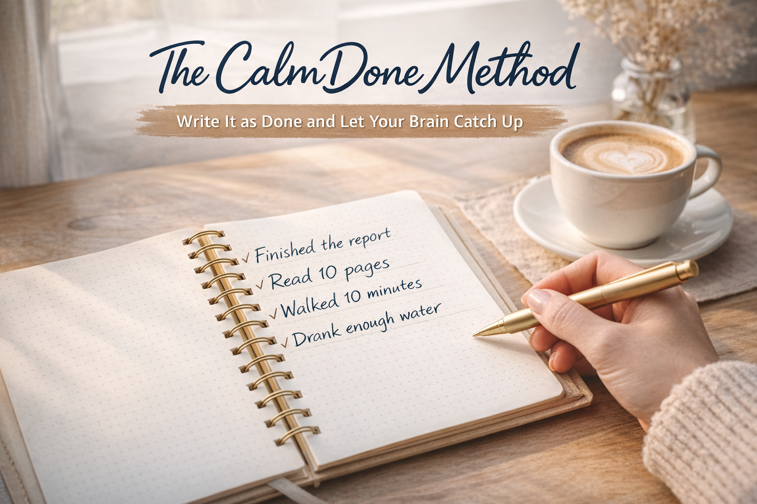 CalmDone Method planner showing a done list written in past tense to reduce stress and improve productivity