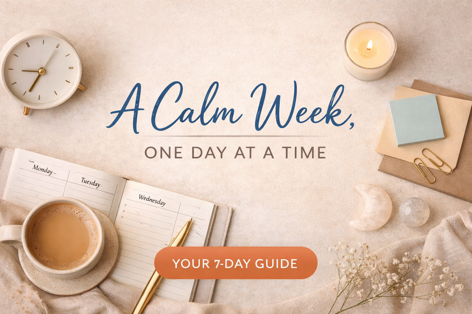 Calm week guide blog cover featuring a neutral planner workspace with coffee, candle, and the title A Calm Week, One Day at a Time