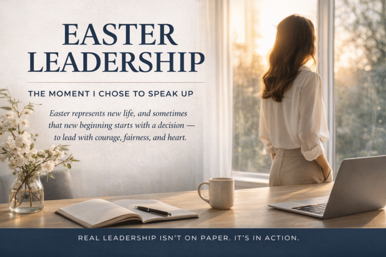 Calm minimalist office scene with soft sunlight symbolizing Easter leadership, new beginnings, and standing up for fairness at work