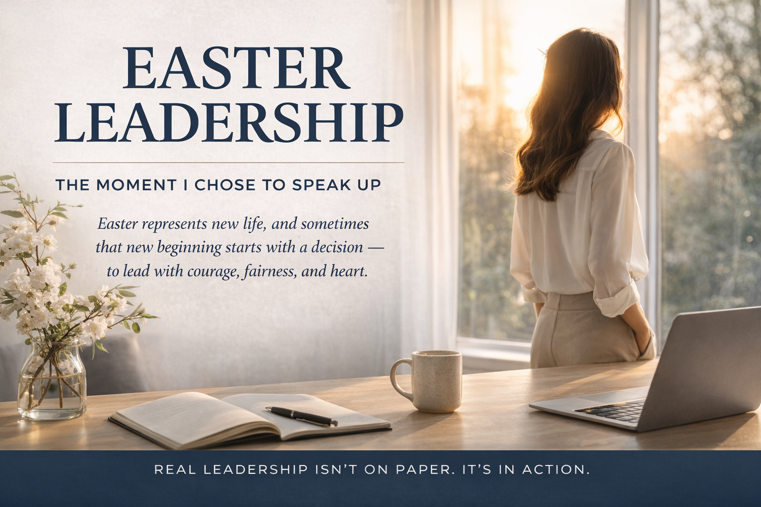 Calm minimalist office scene with soft sunlight symbolizing Easter leadership, new beginnings, and standing up for fairness at work