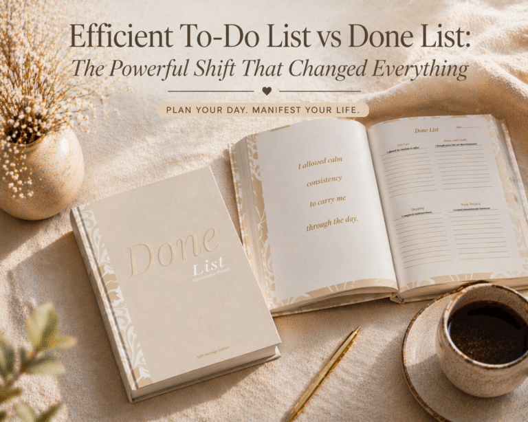 Efficient to-do list vs done list planner showing calm productivity setup with beige aesthetic, coffee, and manifestation planner