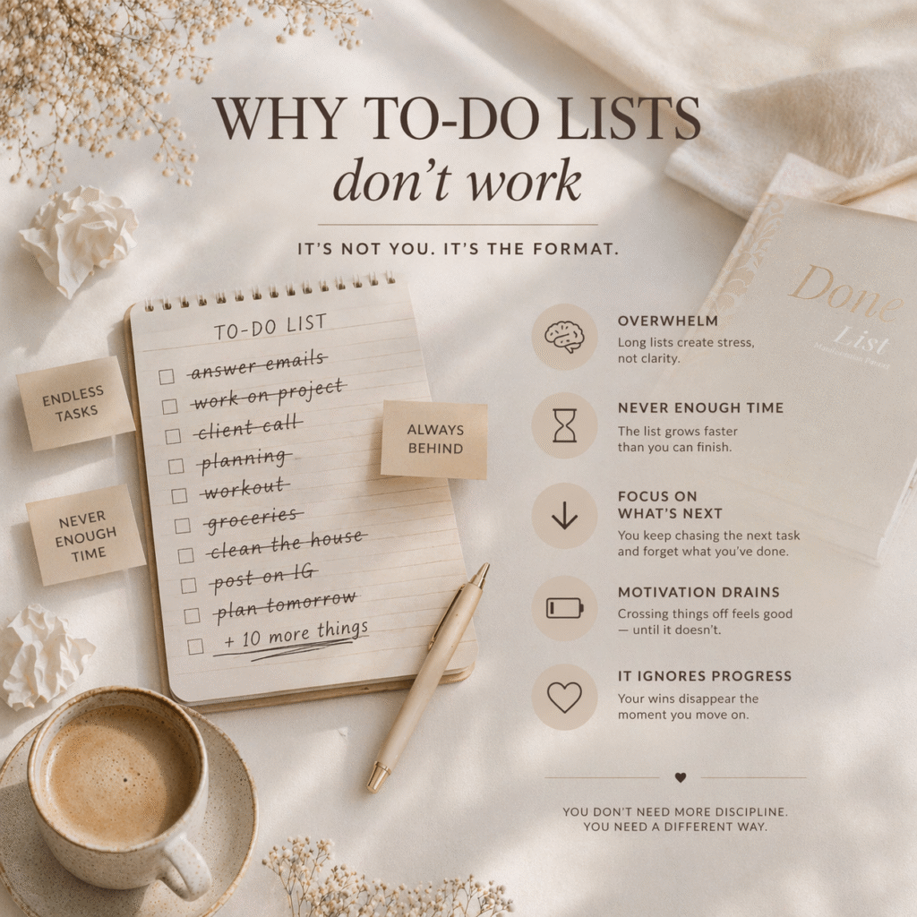 why to-do lists don’t work infographic showing overwhelmed task list and calm productivity planner alternative