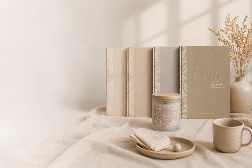 CalmDone manifestation planners and blueberry vanilla candle in a minimalist neutral home setting