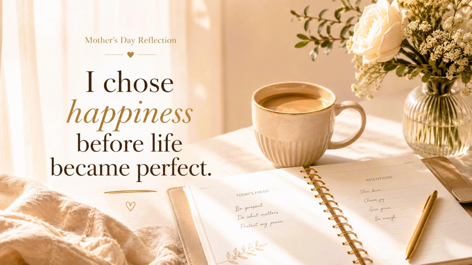Mother’s Day blog cover with coffee, flowers, and an open planner, featuring the quote “I chose happiness before life became perfect.