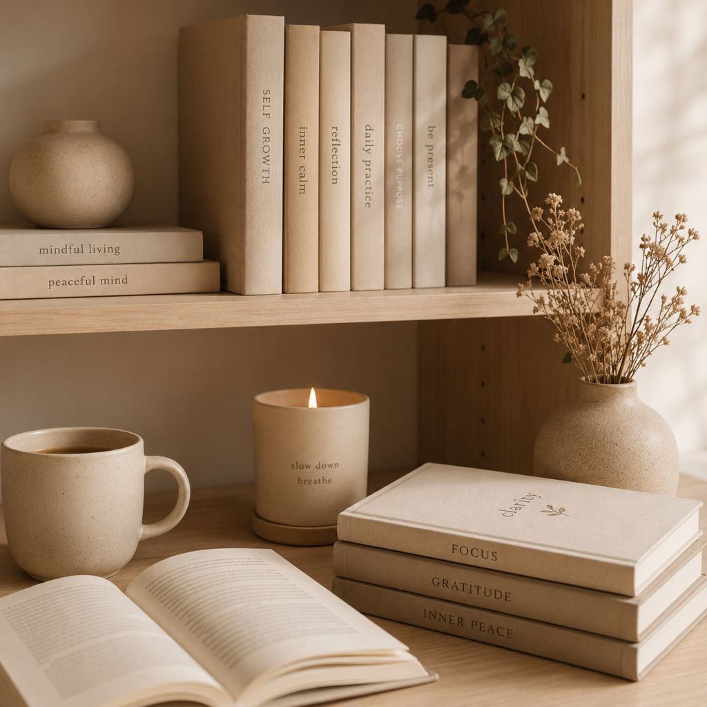 Warm minimal home library with neutral books, open book, candle and coffee for self-help, mindfulness, meditation and personal growth reading