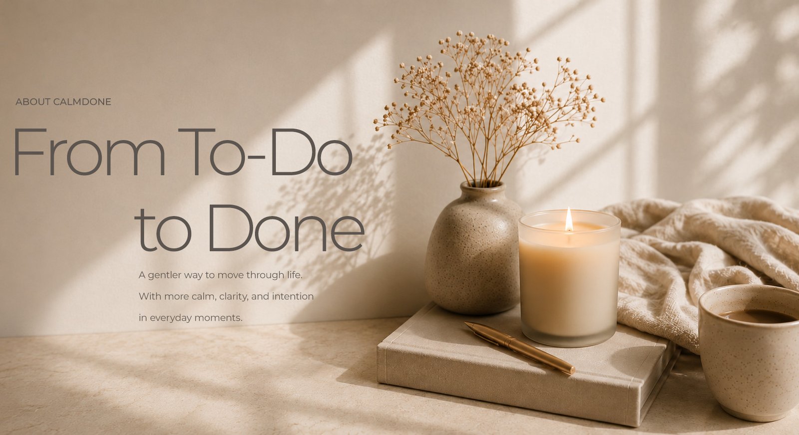 Minimal beige lifestyle scene with candle, ceramic vase, and calming neutral decor for intentional living and cozy everyday moments
