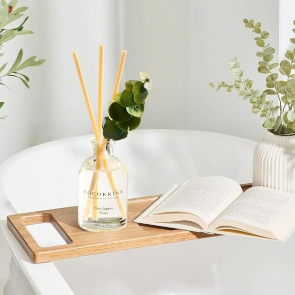 COCORRÍNA Eucalyptus Moss reed diffuser with open book and eucalyptus decor for calm minimalist home styling