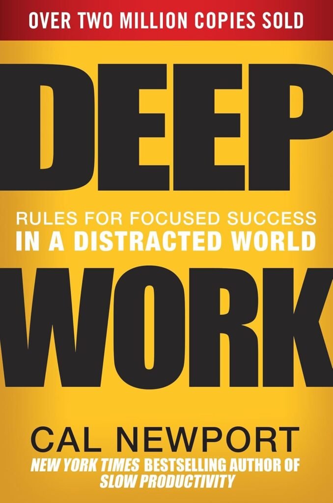 Deep Work by Cal Newport book cover in a minimalist CalmDone reading space.