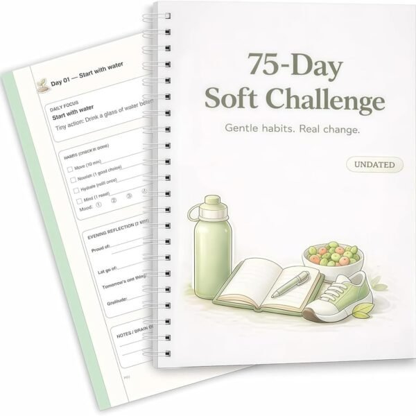 75-Day Soft Challenge Planner with green soft habit tracker design and daily reflection pages