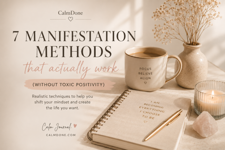 Manifestation methods that actually work cover image in CalmDone style with journal, coffee, candle and soft neutral aesthetic
