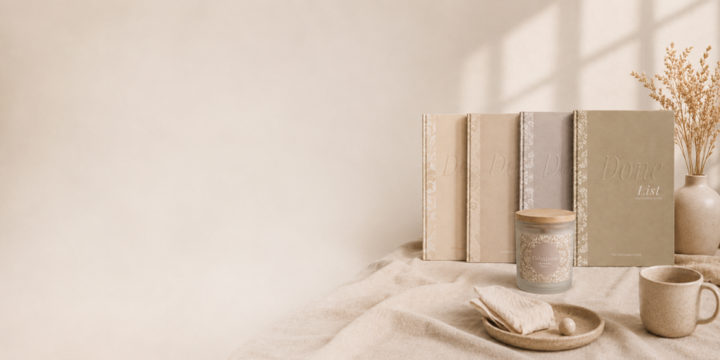 Minimal beige manifestation planners, cozy candle, and calming neutral home aesthetic arranged in a soft minimalist setting for intentional living