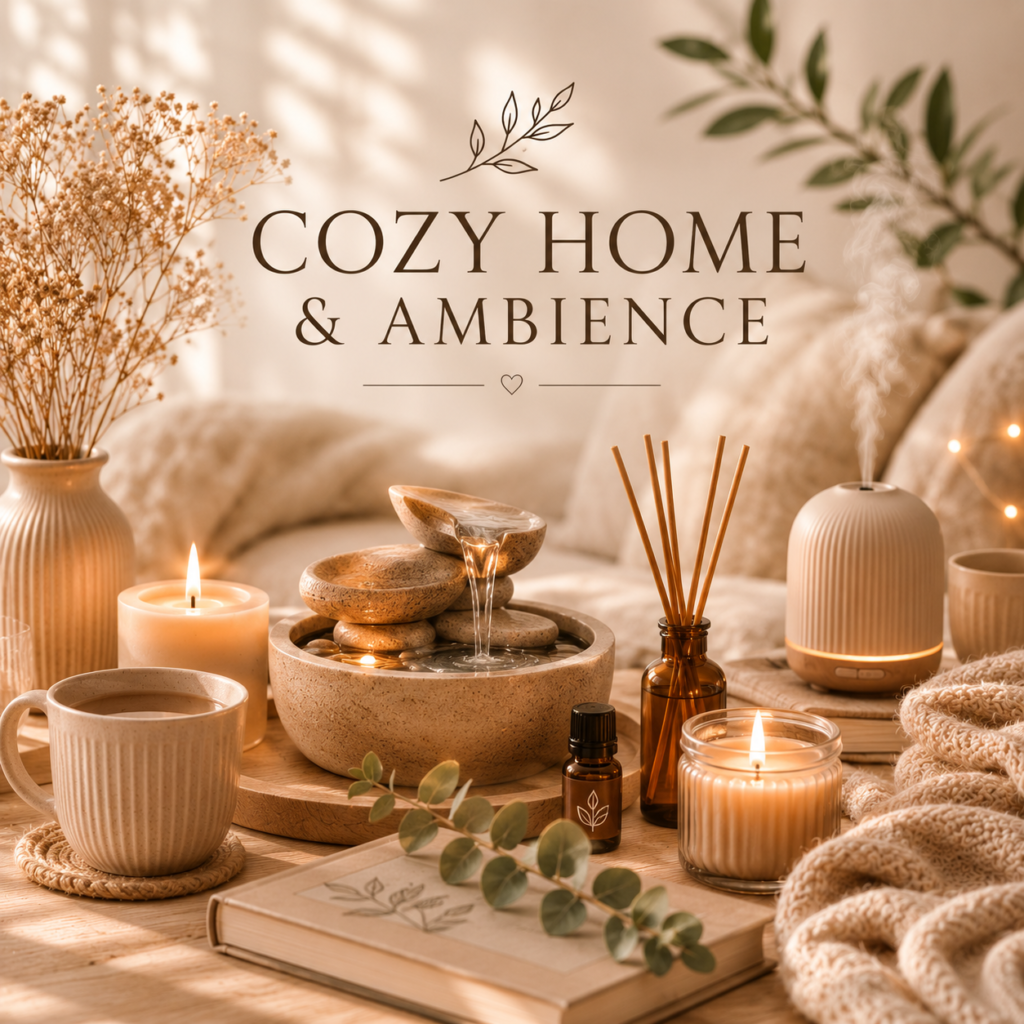 Cozy Home & Ambience category image featuring candles, essential oils, diffuser, indoor fountain, cozy blanket, coffee mug, and home décor in a warm minimalist living room.