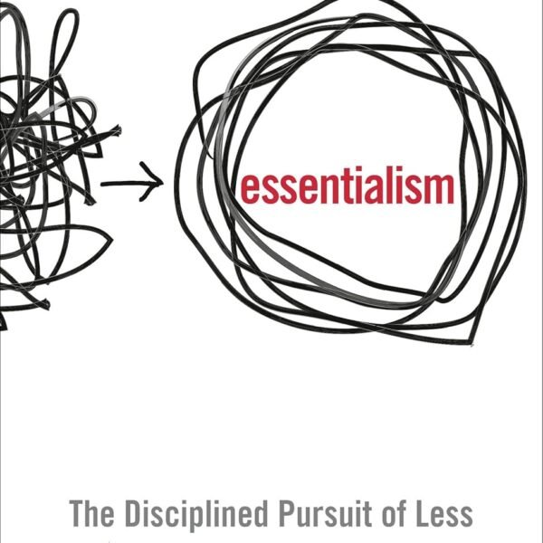 Essentialism by Greg McKeown book cover in a minimalist CalmDone reading space.